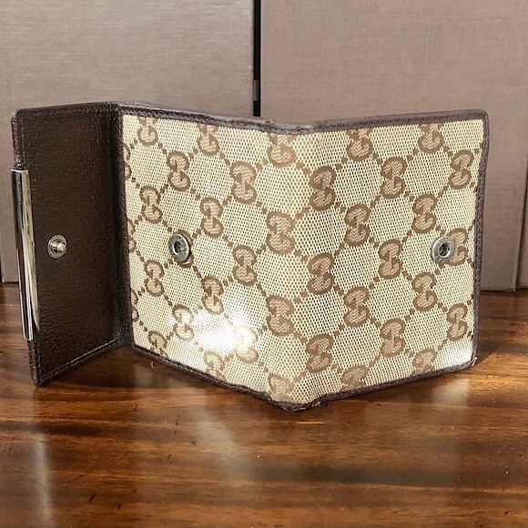 GUCCI GG Web Brown Leather and Tan Canvas Monogram Trifold Wallet Authentic - Picture 6 of 17